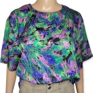 Vintage Southern Lady Green and Purple Novelty Print Box Blouse.